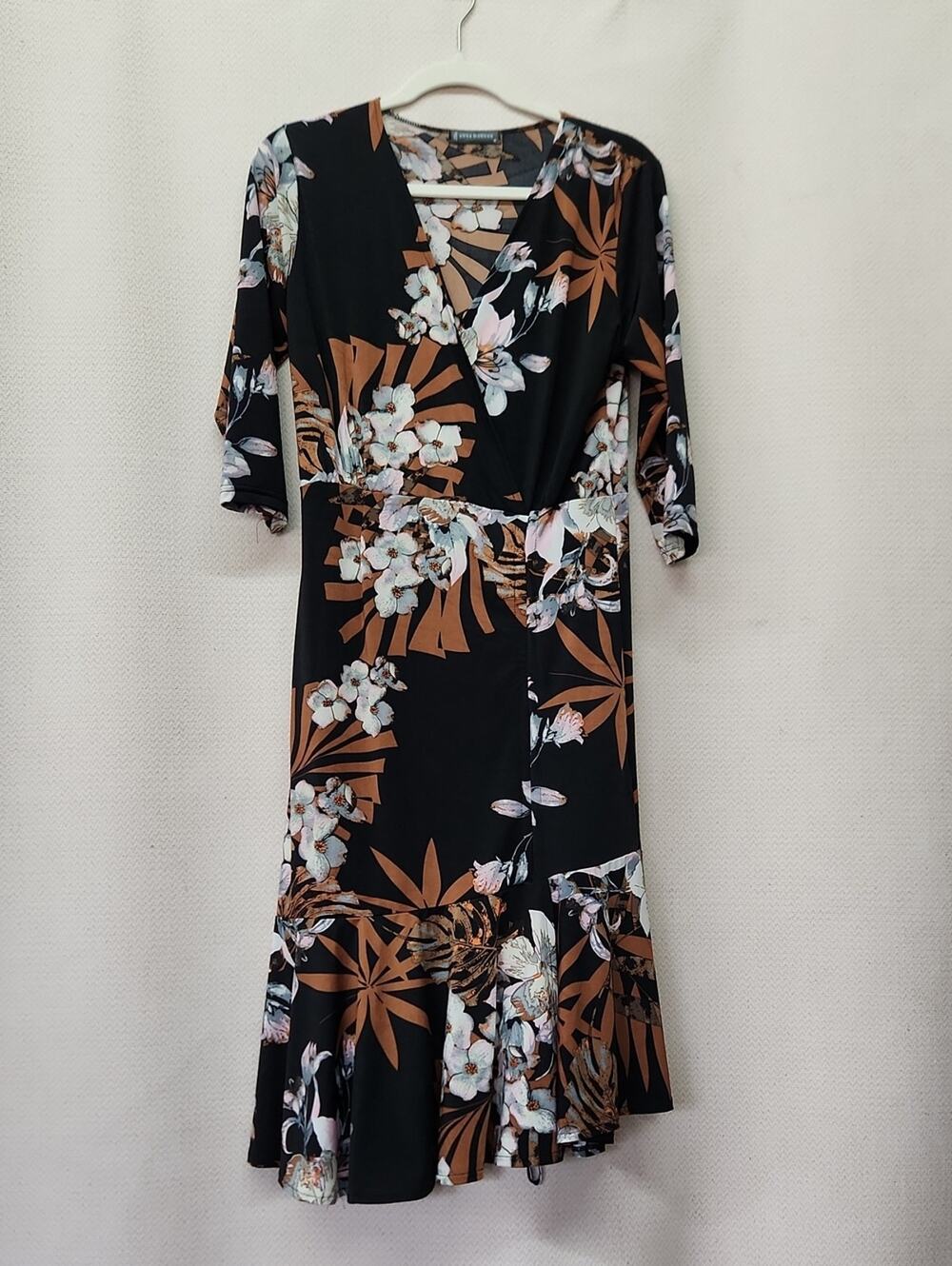 Floral Wrap-Style Midi Dress in Black and Brown